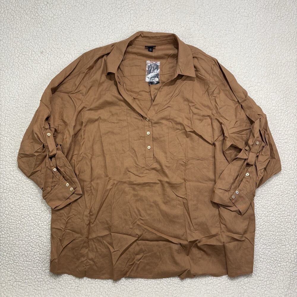 NWT Torrid Linen Pocket Henley Long Sleeve Top‎ Blouse Tobacco Brown 4XL 26